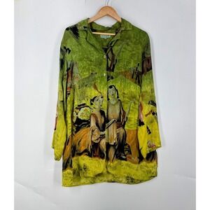 Citron Santa Monica Green Silk Jacquard Chinoiserie Art Print Blouse XL Womens